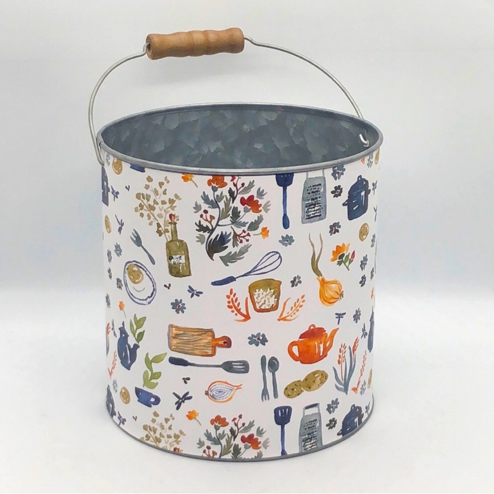 Floral and Kitchen Patterned Metal Decor Bucket with Handle, NWT